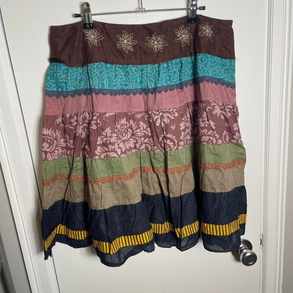 Brown and multi-coloured boho skirt with floral embroidered waistband